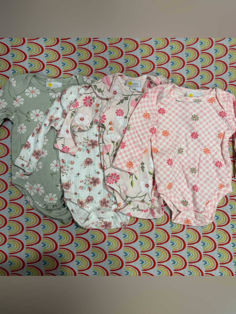 Unbranded Girls Floral Long-Sleeve Bodysuits - Pink, Green, Cream (4-Pack)